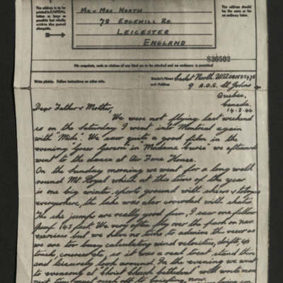 Letter from Alan North to his parents